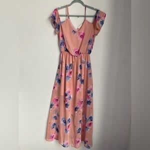 Peach Love Pink Floral Cold Shoulder Ruffle Sleeve Maxi Dress ST